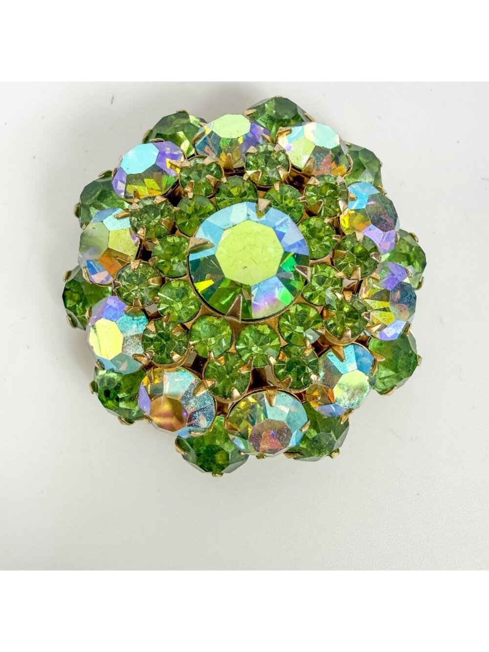 Vintage Round Domed Aurora Borealis Uranium Glass Green Rhinestones Brooch